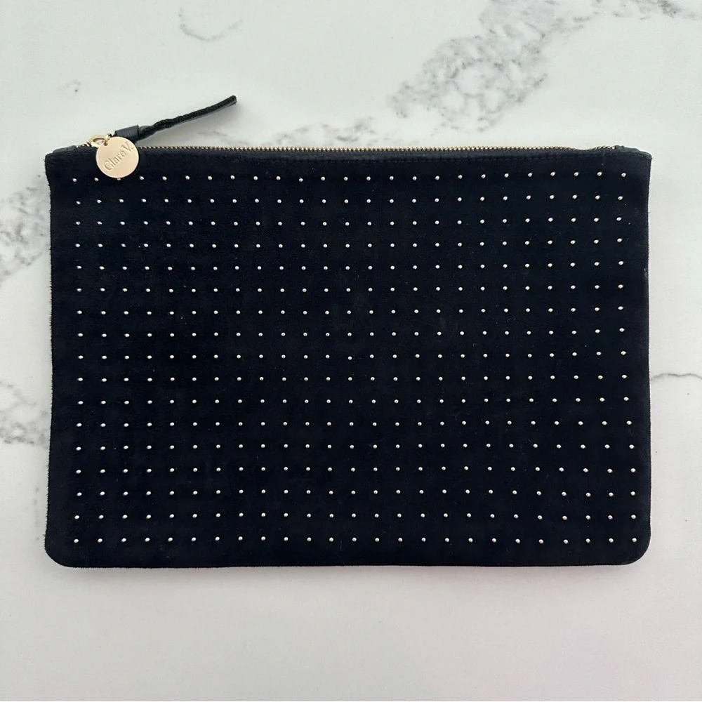 Clare V Studded Clutch Suede Pouch in Black with Gold - Picture 1 of 8